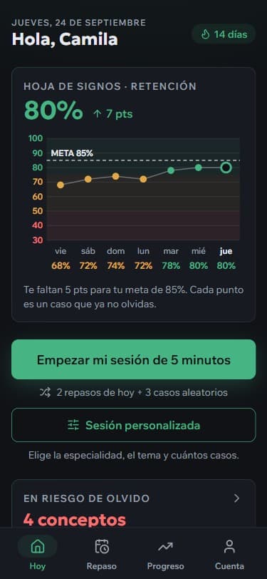 Pantalla Hoy con la hoja de signos de retención de los últimos 7 días, la meta del 85% y el botón de sesión de 5 minutos