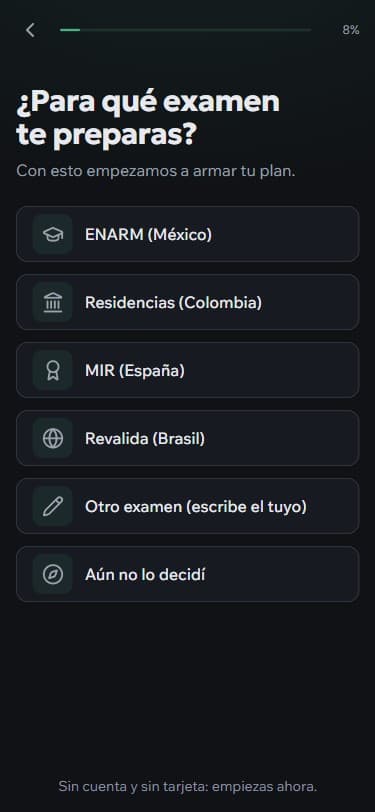 Pregunta inicial de PRESI: ¿Para qué examen te preparas?, con las opciones ENARM, Colombia, MIR y Revalida