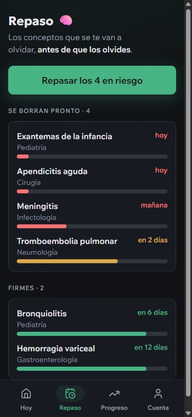 Pantalla Repaso con los conceptos que se borran pronto y los que ya están firmes